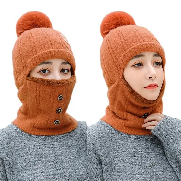 Hot Phong Cách Hàn Quốc Phụ Nữ Mới Mùa Đông Dệt Kim Beanies Len Đơn Giản Ấm Bonnet Pompom Fur Hats Với Buttons