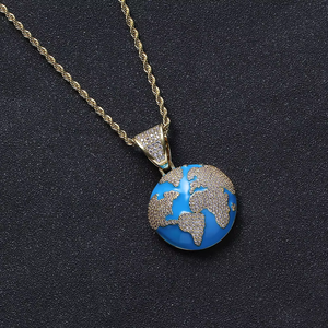 Collier pendentif Terre bleue émaillée, bijoux chaîne globe océanique en cuivre CZ style Hip Hop - Product Image 5