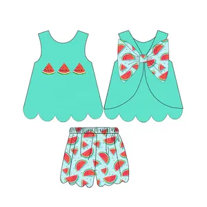 Puresun Children Clothing Wholesale Summer Kids Clothes Watermelon French Knot Baby Girl Clothing With Scalloped