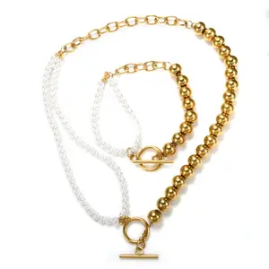 Newest 18K Gold Plate Stainless Steel Jewelry Set Pearl Steel Ball Necklace And Bracelet Set