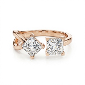 Toi Et Moi 18K 14K Gold Plated Princess Cut Lab Grown Diamond Ring Open Cuff Two <b>Stones</b> Ring Women's CVD Diamond Engagement Ring - Product Image 3