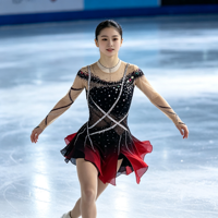 Robe de patinage artistique à dégradé noir et rouge avec strass, dos ouvert en maille, jupe pour la danse sur glace, costume de performance pour compétition