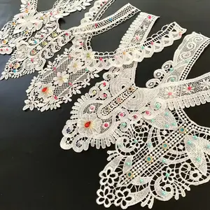 2022 custom made embroidery 3D flower machine made lace collars with rhinestone beads