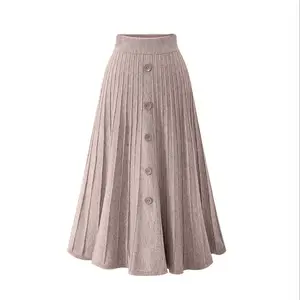 Fashion Custom Female Loose Flared Lady Midi Versatile High Waist Trendy Women's Skirt knitted Long pleated Skirts for Women
