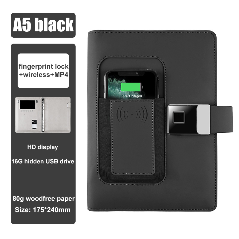 Negro + cerradura de huella digital + inalámbrico + MP4 + 16GB