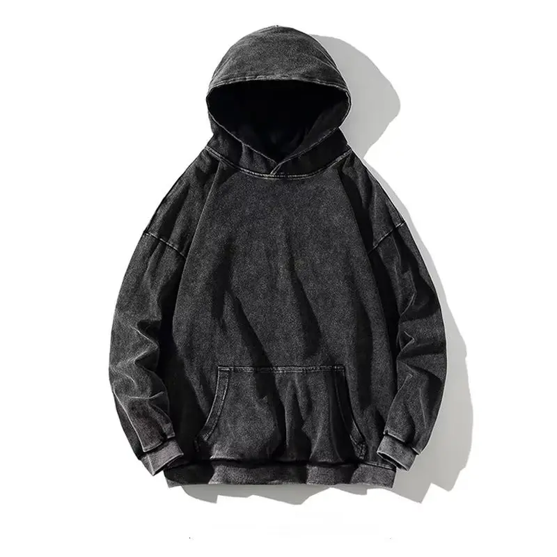 Özel büyük boy moda duman gri Vintage ağır erkek asit yıkama Hoodie