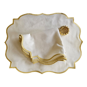 Ensemble <span class=keywords><strong>de</strong></span> serviettes <span class=keywords><strong>en</strong></span> lin 100% personnalisées avec anneau réutilisable <span class=keywords><strong>de</strong></span> broderie <span class=keywords><strong>de</strong></span> bord ondulé festonné pour le mariage d'hôtel napperons <span class=keywords><strong>de</strong></span> différentes formes - Product Image 1