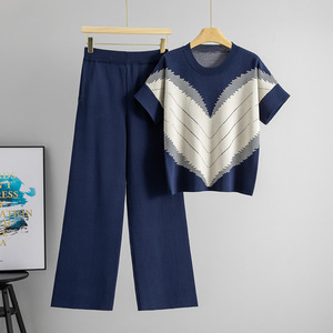 Ensemble de vêtements en tricot pour femmes, haut à col en V avec patchwork, pantalon large, tenue décontractée, jaune beige, taille 30-50 - Product Image 3