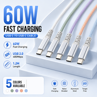 Kabel USB C ke USB C PD 60W 1.2m 3A Pengisian Cepat USB 2.0 Kabel Data Tipe C Berbahan Nilon untuk Smartphone Laptop Pabrik OEM ODM