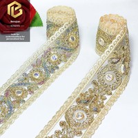 LEIXUSI 5cm Dentelle à sequins soluble dans l'eau de style ethnique, Bordure dorée pour accessoires de vêtements Hanfu de style chinois