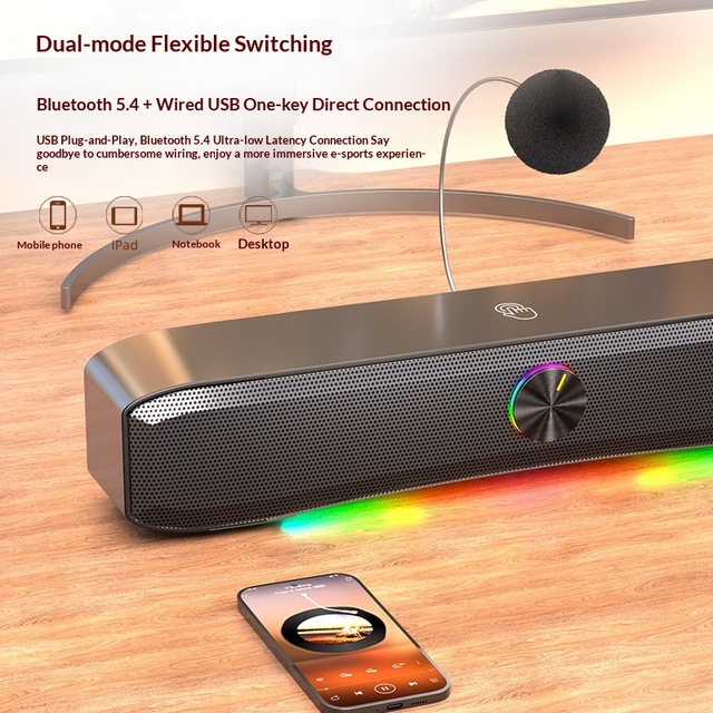 Q-E3600 Computer Speakers 4 Enclosures Desktop Rainbow RGB Light Effect Soundbar Gaming E-Sports Built-in Microphone AI Voice