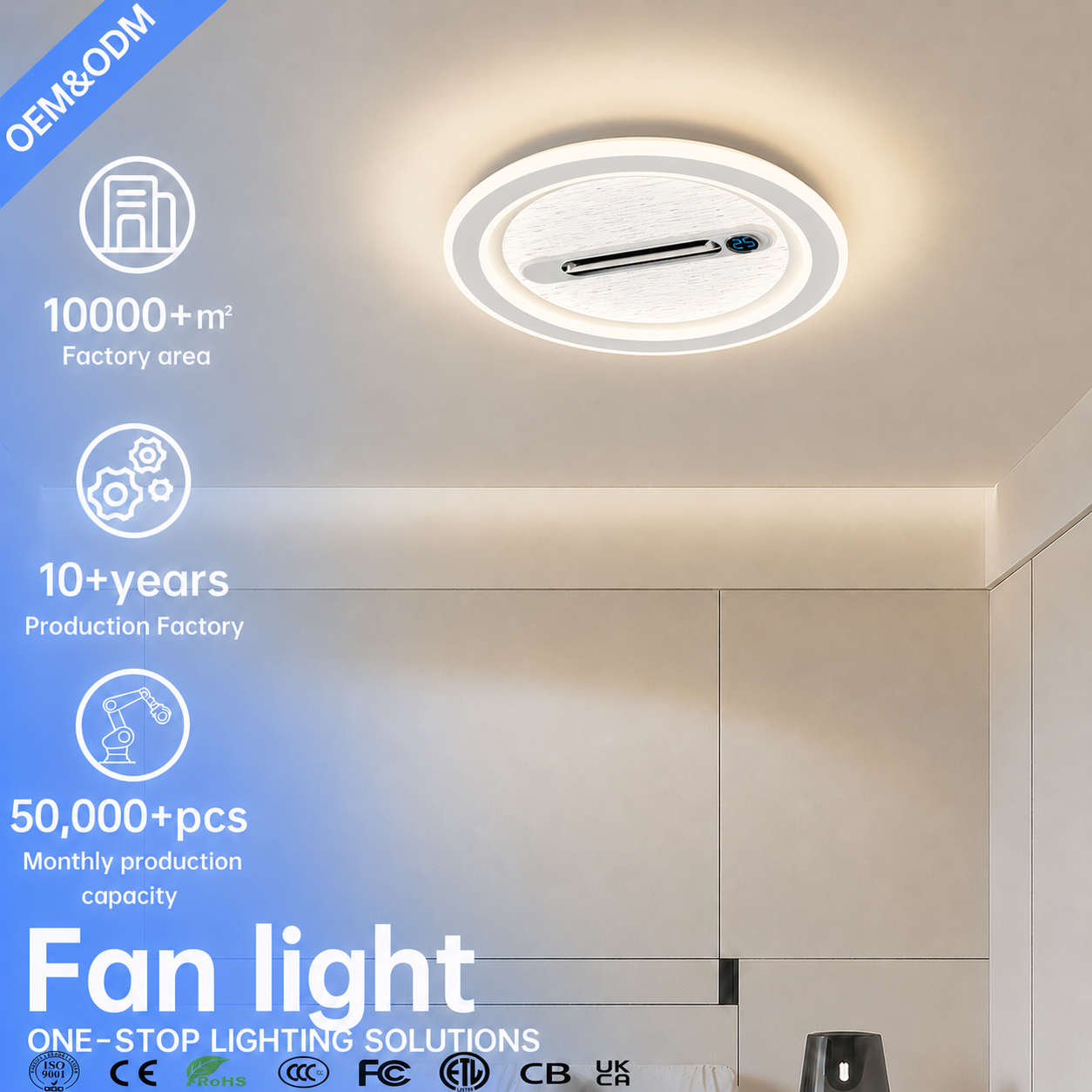 Modern Round LED Ceiling Fan Light with Remote Control, Flush Mount Fan Lamp for Bedroom Living Room Hotel Ceiling Light