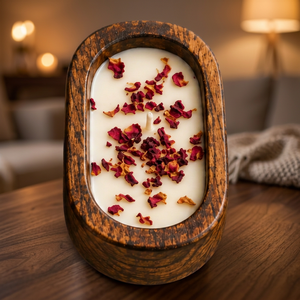 Small Wooden Soy Wax Handmade Eco-Friendly Organic Art <b>Candle</b> 7x5 Inch Modern Decor Dried Rose Petals 40 Hours - Product Image 4