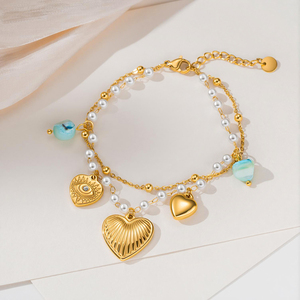 18K PVD Gold Plated Pearl Aqua Stone Tarnish Free Jewelry Gift <b>Boho</b> Double Layer Stainless Steel Heart Devil Eye Charm <b>Bracelet</b> - Product Image 1