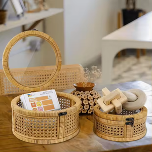 Ensemble de 2 boîtes de présentation <span class=keywords><strong>vintage</strong></span> en <span class=keywords><strong>rotin</strong></span> en bois avec couvercle en acrylique Boho Home Decor panier de rangement en <span class=keywords><strong>rotin</strong></span> organisateur de livres jouets pour enfants - Product Image 5