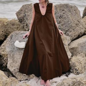 <b>White</b> Sleeveless A-Line <b>Maxi</b> Dress V-Neck Loose Fit Casual Summer Cotton Dress Solid Color Breathable Woven Fabric - Product Image 3
