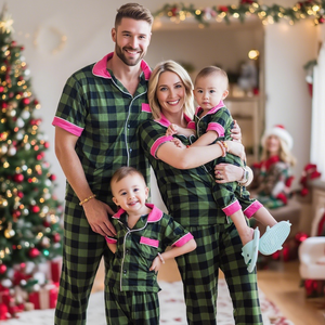 HUOYOUNG Ensemble de pyjamas de Noël en coton et bambou à carreaux vert <span class=keywords><strong>personnalisé</strong></span> pour la <span class=keywords><strong>famille</strong></span> Tenues de Noël assorties - Product Image 1