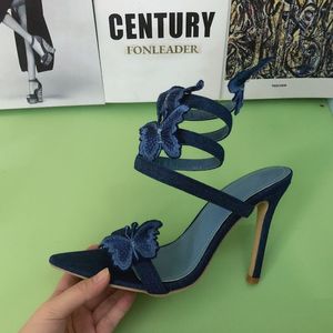 Denim Blue Snake Female Party <b>Shoes</b> Ankle Wrap Around Heels for Women - Product Image 6