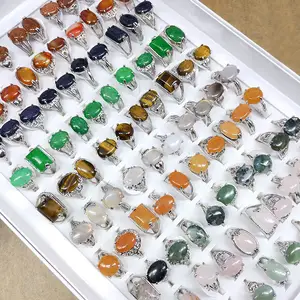 Factory Price Cheap Natural Stone Rings Mix Colors Agate Tiger Eye Jade Women Silver Rings Jewelry Gift Ring Set