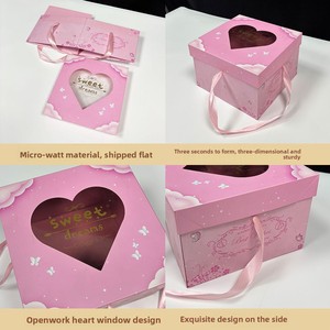 Boîte cadeau pliable de luxe personnalisée, expédiée à plat, en carton micro-ondulé avec fenêtre en forme de cœur et poignée en ruban de satin, vente en gros - Product Image 4