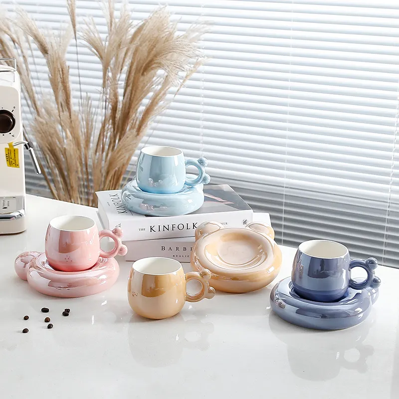 Горячая Распродажа, набор красивых керамических кофейных чашек и блюдец в форме медведя с жемчугом