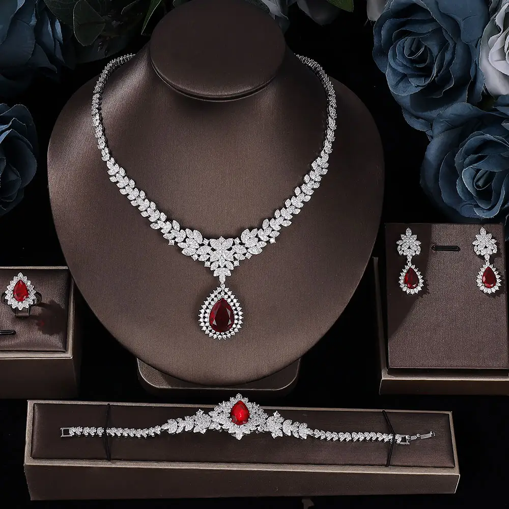 4 Pcs Super Luxury Cubic Zirconia Bridal Wedding Party Costume Nigerian Dubai Jewelry Set for Brides Accessories