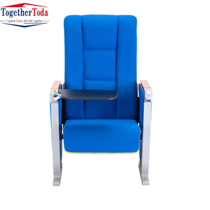Tablette d'écriture pliable avec accoudoirs métalliques, chaise d'auditorium bleue rembourrée pour utilisation en salle de cinéma, en classe ou en conférence - Product Image 5