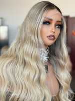 Perruque Lace Front SHY 13x5 en Cheveux Humains Vierges, Ondulée, Blonde Balayage, Dentelle Transparente, Vente en Gros Usine
