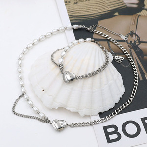 Pearl Heart Necklace And <b>Bracelet</b> <b>Set</b> Stainless Steel Women's Jewelry Gift <b>Set</b> - Product Image 1