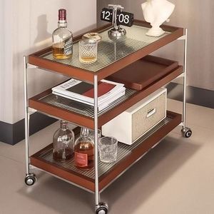 Mesa de centro de madera maciza estilo vintage con base de acero inoxidable, carrito retro móvil, mesa auxiliar multifuncional para sala de estar - Product Image 4