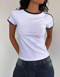 Personalizado de alta calidad nueva moda camisetas blanco <span class=keywords><strong>y</strong></span> negro <span class=keywords><strong>rayas</strong></span> Patchwork 100% algodón <span class=keywords><strong>camiseta</strong></span> <span class=keywords><strong>mujer</strong></span> ajustada recortada <span class=keywords><strong>camiseta</strong></span> - Product Image 1