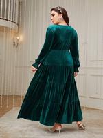 Robe longue en velours pour femmes grandes tailles, col rond, manches longues lanternes, volants superposés, robe de soirée longue HX6213