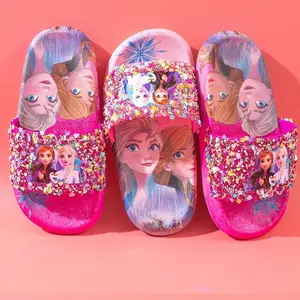 Mode été filles portent des chaussures en cristal enfants à l'intérieur de la maison sol doux dessin animé mignon princesse Lisa pantoufles pour enfants