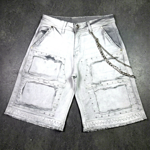 Shorts Bermuda en jean blanc pour homme, taille haute, déchirés, style punk, avec braguette boutonnée et cloutés - Product Image 1