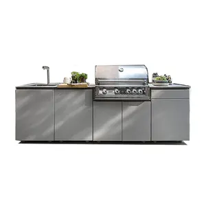 Kabinet Bbq dapur luar ruangan baja tahan karat logam kustom pintu kayu taman luar Set lengkap lemari dapur BBQ