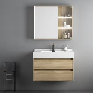 High Quality Modern Style Wood Bathroom Floating Vanity Modern Cabinet Set With Mirror Ceramic Basin
