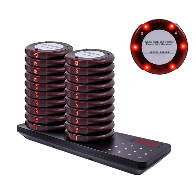 Food Court Cafe Queue Calling Buzzer 20 Waterproof Vibrating Pagers Wireless Coaster Paging System Restaurant Beeper Call Pager