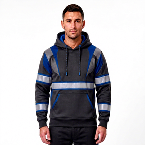 Sudadera con capucha reflectante personalizada para hombre, color gris carbón y azul real, con bloques de color, forro polar, cálida, para invierno, ropa de trabajo. - Product Image 1