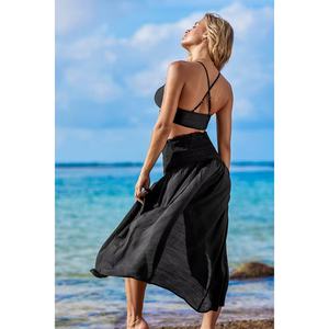 Vestido de fiesta ajustado plisado con abertura, estilo tropical hawaiano, con cintura de tirantes y falda larga, color negro explosivo - Product Image 3