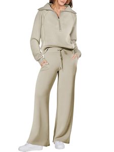 Setelan Loungewear Wanita, Sweatshirt Quarter Zip dengan Celana Sweatpants Kaki Lebar, 2 Potong - Product Image 5