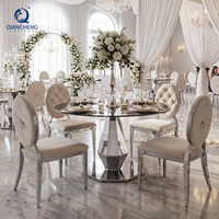 Table de Salle à Manger Moderne en Acier Inoxydable pour Restaurant, Meuble de Location pour Événement, Banquet, Mariage, Hôtel, Fête, avec Plateau Rond en Verre