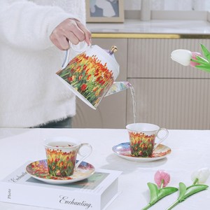 Ceramic Tea Set - <b>Oil</b> <b>Painting</b> Tulip Teapot with 4 Cups and Saucers - Product Image 3
