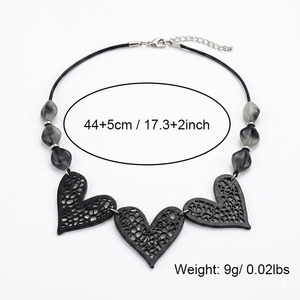 Boho Black <b>Rope</b> Necklace Hollow Lace Heart Charms Grey Marbled Bead Women Casual Vintage Neck Ornament - Product Image 2