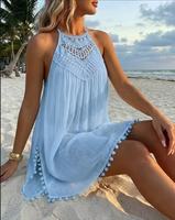 Robe Courte Halter au Crochet pour Femme, Ample, Cache-maillot de Plage, Bordure Pompons, Robe d'Été pour Vacances, Vente en Gros Personnalisée