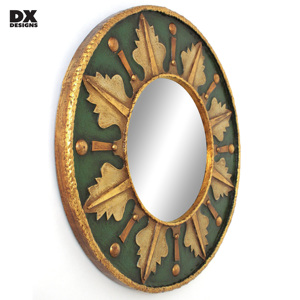 DX DESIGNS Handcrafted Green Gold Leaf Round Wall <strong>Mirror</strong> Vintage <strong>Moroccan</strong> Decorative <strong>Mirror</strong> for Living Room Entryway - Product Image 3