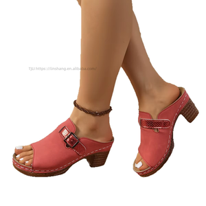 Sandales d'été à talon épais et boucle à lanière, style européen et américain, à bout ouvert, grandes tailles pour femmes 43 - Product Image 5