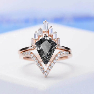 Women's <b>925</b> <b>Silver</b> Geometric Cocktail <b>Ring</b> With Natural Moss Agate And Baguette Diamond Pave Setting Luxury Engagement Style - Product Image 3