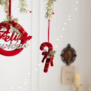 Red Flocked Christmas Wreath Ornaments Set Velvet Bell <b>Candy</b> <b>Cane</b> Bow Hanging Decor for Christmas Tree Door Holiday - Product Image 4