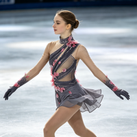 Robe de patinage artistique gris foncé en maille à manches longues avec fleurs 3D et strass pour enfants et adultes, idéale pour les compétitions et spectacles de patinage sur glace