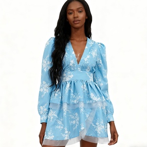 ชุดเดรสแฟชั่นแขนยาวพิมพ์ลายคอวีจับจีบสำหรับผู้หญิง - Product Image 1